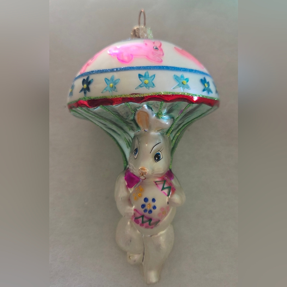 Festive Bunny Glass Figurine Ornament - White and Pink